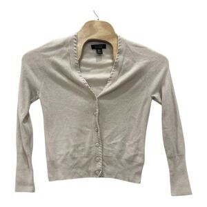 Tahari 100% 2 Ply Cashmere Sweater Womens L Beige Button Up Cardigan Edging